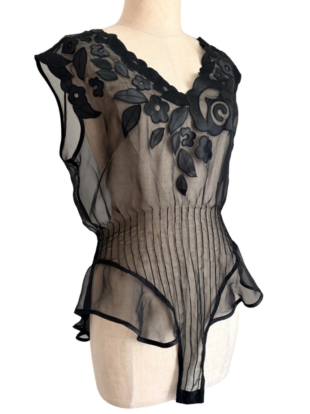 VTG Victoria’s Secret Gold Label Black Sheer Floral Ruffle Bodysuit Sz S Gothic
